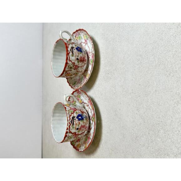 Other - VTG Japanese Hand Painted Geisha Tea Cups & Saucers Pair Red Trim Moriage Style